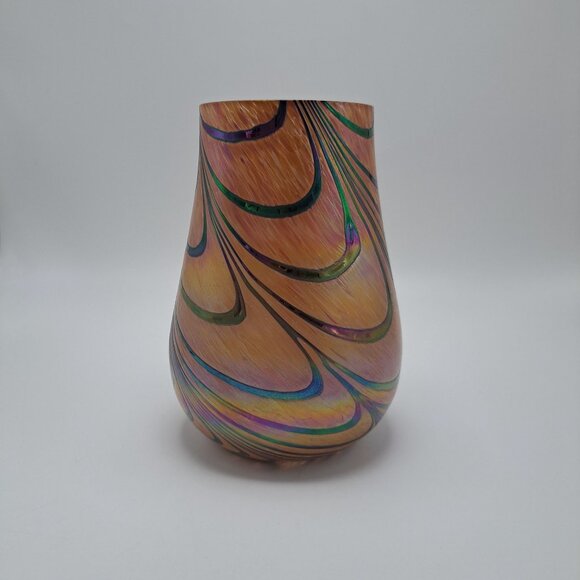 Brown Pulled Feather Iridescent Art Glass Vase - Picture 4 of 8